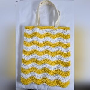 Yellow White Chevron Crochet Tote Bag Purse Cottagecore Grandma W Canvas